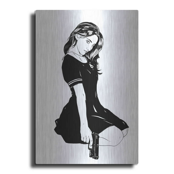 Luxe Metal Art 'Girl With Gun II' by Giuseppe Cristiano, Metal Wall Art, 16"x24"