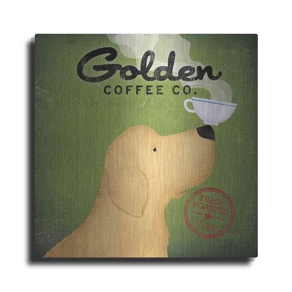 Luxe Metal Art 'Golden Coffee Co On Green' by Ryan Fowler, Metal Wall Art, 24"x24"