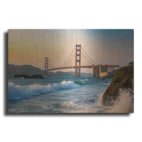 Luxe Metal Art 'Golden Gate Bridge Sunset with Wave Action' by Luxe Portfolio, Metal Wall Art, 24"x16"