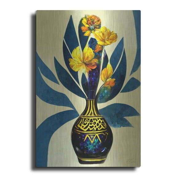 Luxe Metal Art 'Golden Vase with Florals' by Tanya Mavric, Metal Wall Art, 16"x24"