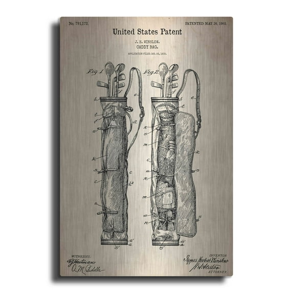 Luxe Metal Art 'Golf Bag Caddy Vintage Patent Blueprint', Metal Wall Art, 16"x24"