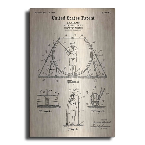Luxe Metal Art 'Golf Teaching Device Blueprint Patent Parchment' Metal Wall Art, 12"x16"