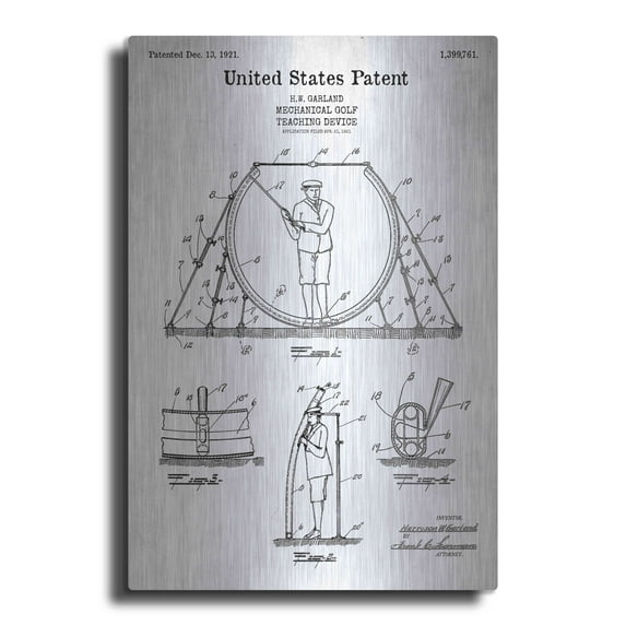 Luxe Metal Art 'Golf Teaching Device Blueprint Patent White' Acrylic Glass Wall Art, 12"x16"