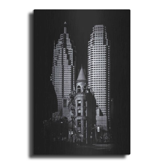 Luxe Metal Art 'Gooderham Flatiron Building And Toronto Downtown No 2' by Brian Carson, Metal Wall Art, 24"x36"