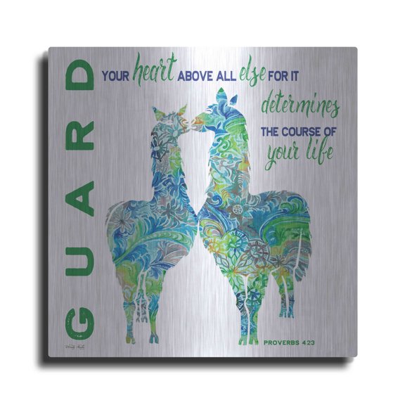 Luxe Metal Art 'Guard Your Heart Llamas' by Cindy Jacobs, Metal Wall Art, 12"x12"