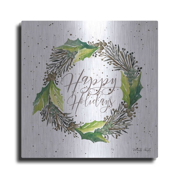 Luxe Metal Art 'Happy Holidays Wreath' by Cindy Jacobs, Metal Wall Art, 12"x12"