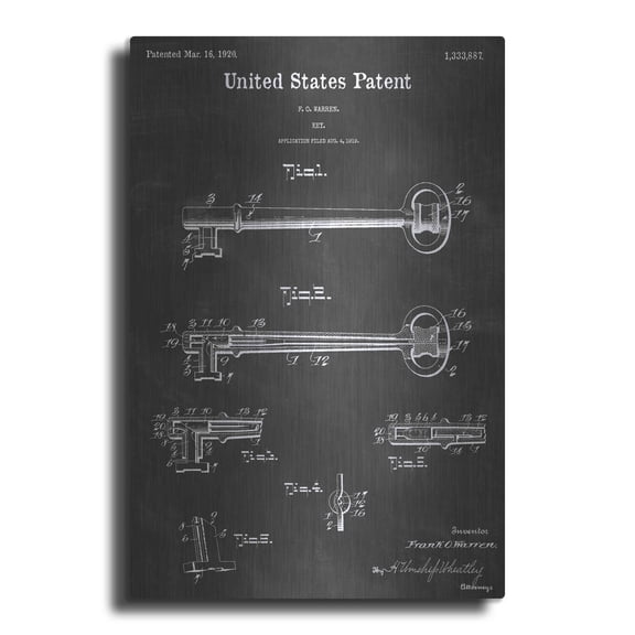 Luxe Metal Art 'Key Vintage Patent Blueprint' by Epic Portfolio, Metal Wall Art, 12"x16"