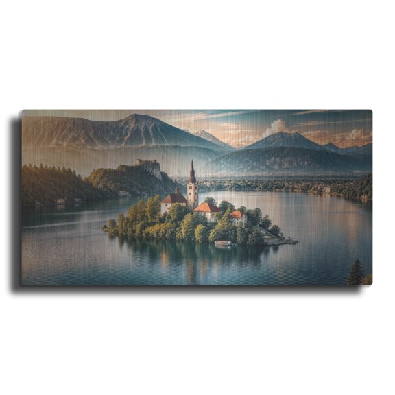 Luxe Metal Art 'Lake Bled Island, Slovenia, Mountains' by Rey Klimt Metal Wall Art, 48" x 24"