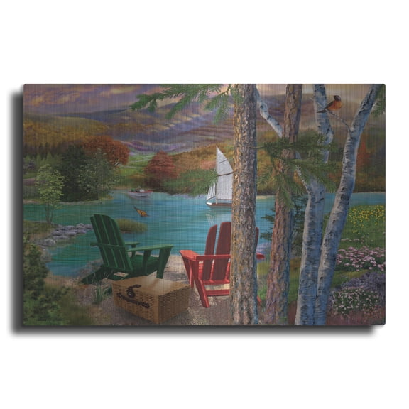 Luxe Metal Art 'Lakeside View From The Chairs' by Bigelow Illustrations Metal Wall Art, 16" x 12"