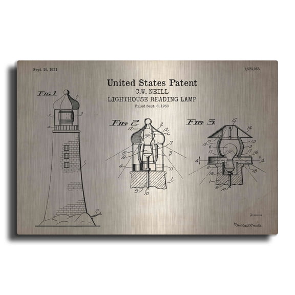 Luxe Metal Art 'Lighthouse Reading Lamp Blueprint Patent Parchment' Metal Wall Art, 16"x12"