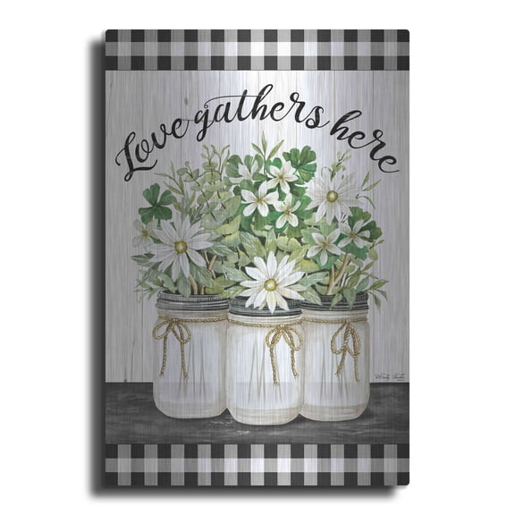 Luxe Metal Art 'Love Gathers Here' by Cindy Jacobs, Metal Wall Art, 12"x16"