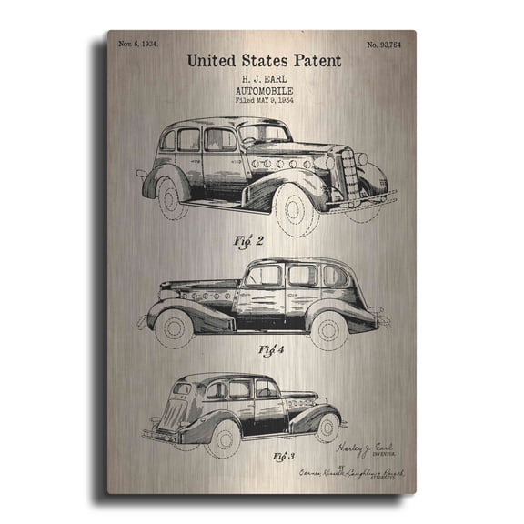 Luxe Metal Art 'Luxury Automobile Blueprint Patent Parchment' Metal Wall Art, 16"x24"