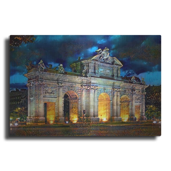 Luxe Metal Art 'Madrid Spain Alcala Gate' by Pedro Gavidia, Metal Wall Art, 16"x12"