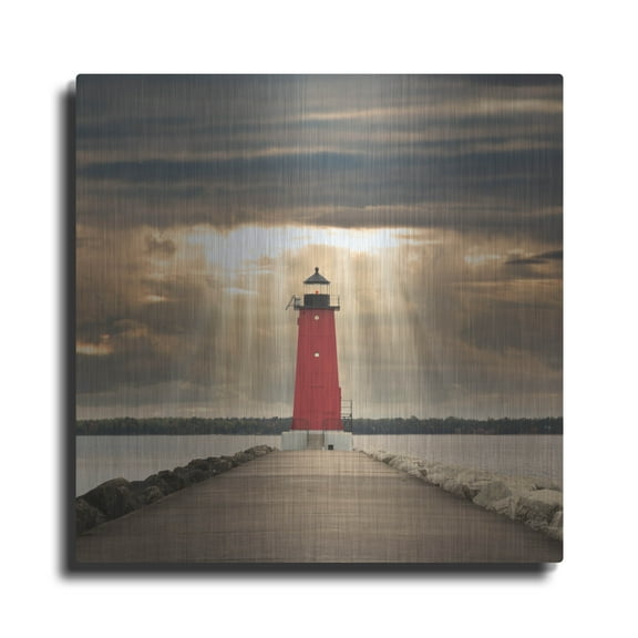 Luxe Metal Art 'Manistique Lighthouse & Sunbeams, Michigan 14' by Monte Nagler, Metal Wall Art, 24"x24"