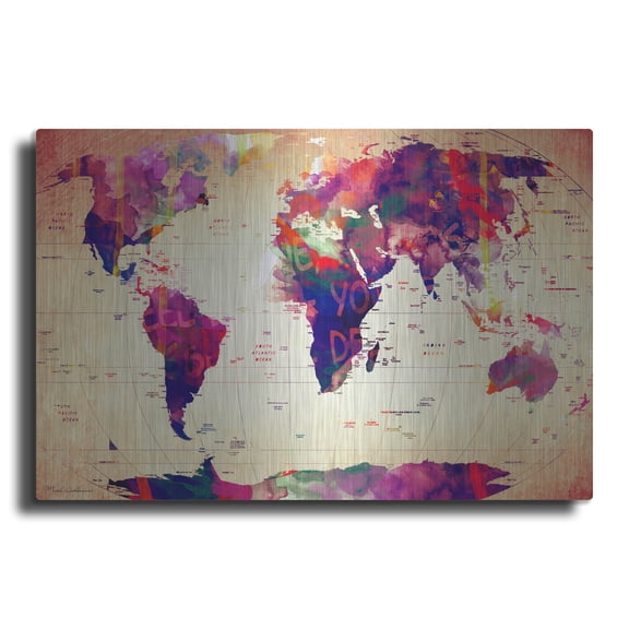 Luxe Metal Art 'Map Of The World Vintage' by Mark Ashkenazi Metal Wall Art, 16" x 12"