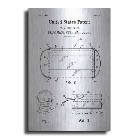 Luxe Metal Art 'Medical Face Mask Blueprint Patent White' Metal Wall Art, 16"x24"