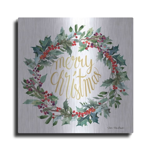 Luxe Metal Art 'Merry Christmas Holly Wreath' by Seven Trees Design, Metal Wall Art, 12"x12"