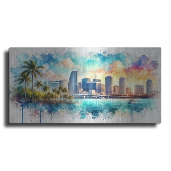 Luxe Metal Art 'Miami Downtown Watercolor' by Rey Klimt Metal Wall Art, 24" x 12"