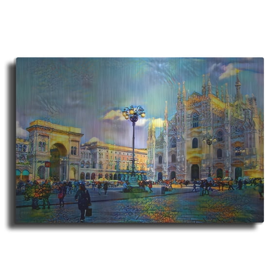 Luxe Metal Art 'Milan Italy Piazza del Duomo' by Pedro Gavidia, Metal Wall Art, 24"x16"