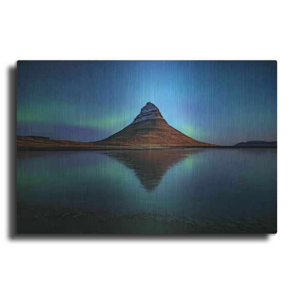 Luxe Metal Art 'Northern Light Aurora Borealis Over Kirkjufell 2' by Luxe Portfolio, Metal Wall Art, 24"x16"