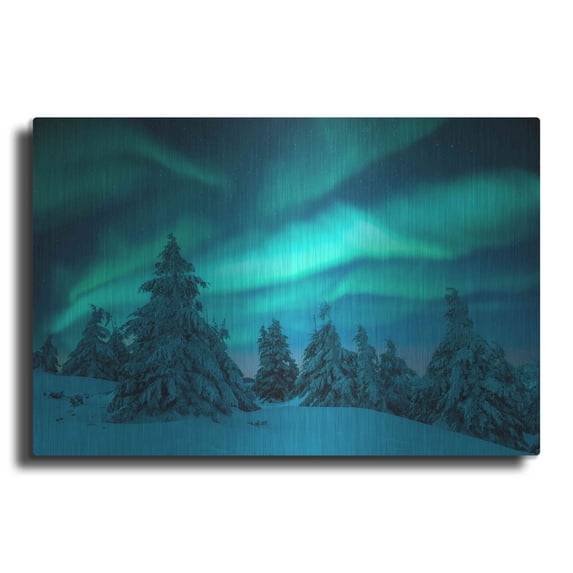 Luxe Metal Art 'Northern Lights In Winter Forest 2' by Luxe Portfolio, Metal Wall Art, 16"x12"