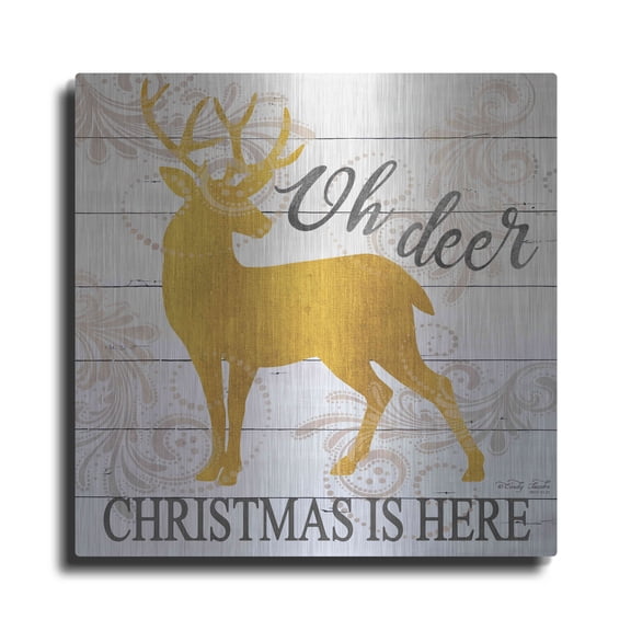 Luxe Metal Art 'Oh Deer Christmas is Here' by Cindy Jacobs, Metal Wall Art, 12"x12"