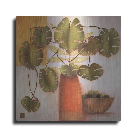 Luxe Metal Art 'Olive Bowl And Vase' by Margaret Hughlock, Metal Wall Art, 24"x24"
