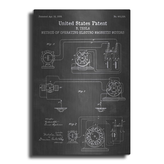 Luxe Metal Art 'Operating Tesla Motor Blueprint Patent Chalkboard' Metal Wall Art, 12"x16"