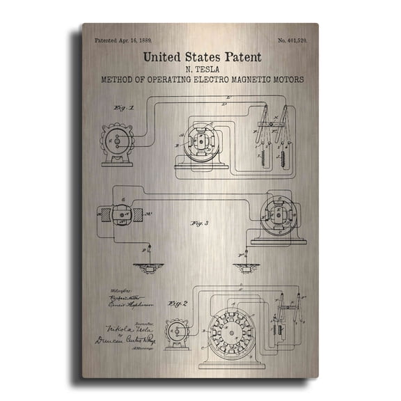 Luxe Metal Art 'Operating Tesla Motor Blueprint Patent Parchment' Metal Wall Art, 12"x16"