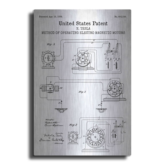 Luxe Metal Art 'Operating Tesla Motor Blueprint Patent White' Acrylic Glass Wall Art, 12"x16"