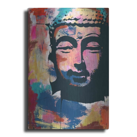 Luxe Metal Art 'Painted Buddha II' by Linda Woods, Metal Wall Art, 12"x16"