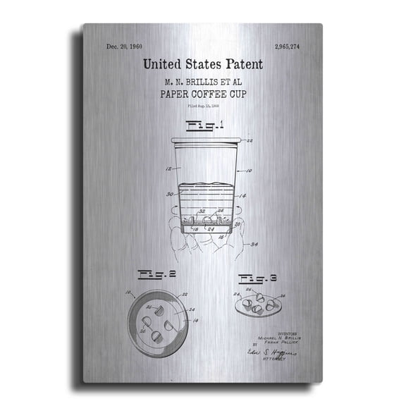 Luxe Metal Art 'Paper Coffee cup Blueprint Patent White' Acrylic Glass Wall Art, 12"x16"
