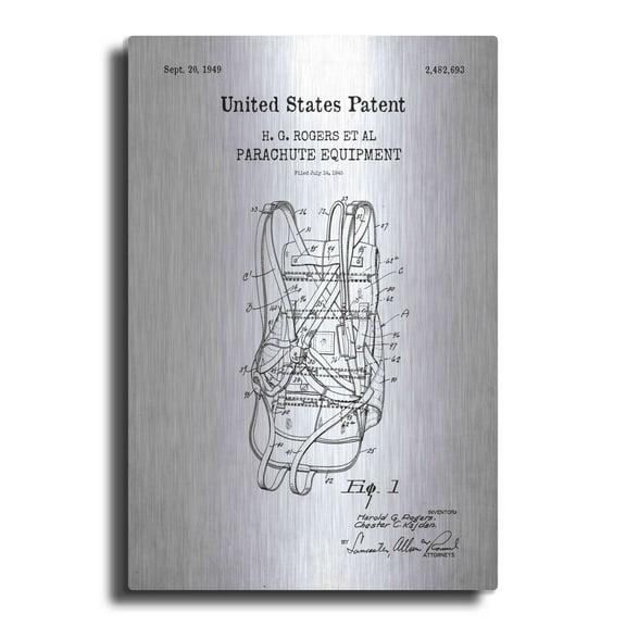 Luxe Metal Art 'Parachute Blueprint Patent White' Metal Wall Art, 12"x16"