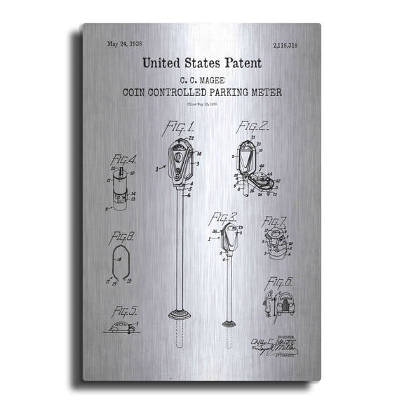 Luxe Metal Art 'Parking Meter Blueprint Patent White' Metal Wall Art, 16"x24"