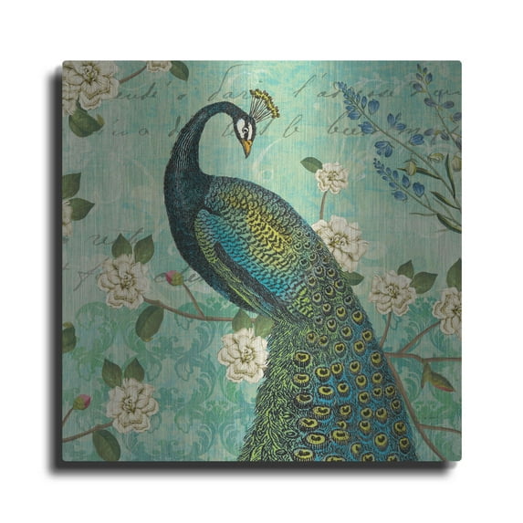 Luxe Metal Art 'Peacock Arbor VI Blue' by Sue Schlabach, Metal Wall Art, 12"x12"