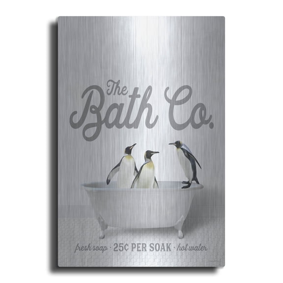 Luxe Metal Art 'Penguins 25 Cents Per Soak' by Lettered & Lined Metal Wall Art, 12" x 16"