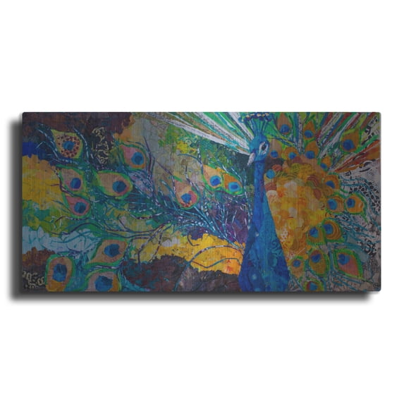 Luxe Metal Art 'Percy Peacock 2' by St. Hilaire Elizabeth, Metal Wall Art, 48"x24"