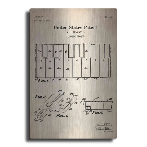Luxe Metal Art 'Piano Keys Blueprint Patent Parchment' Metal Wall Art, 12"x16"