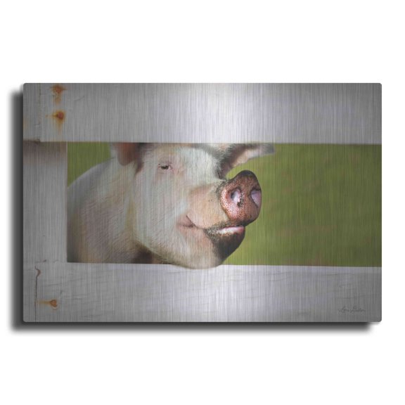 Luxe Metal Art 'Pig at Fence' by Lori Deiter, Metal Wall Art, 36"x24"