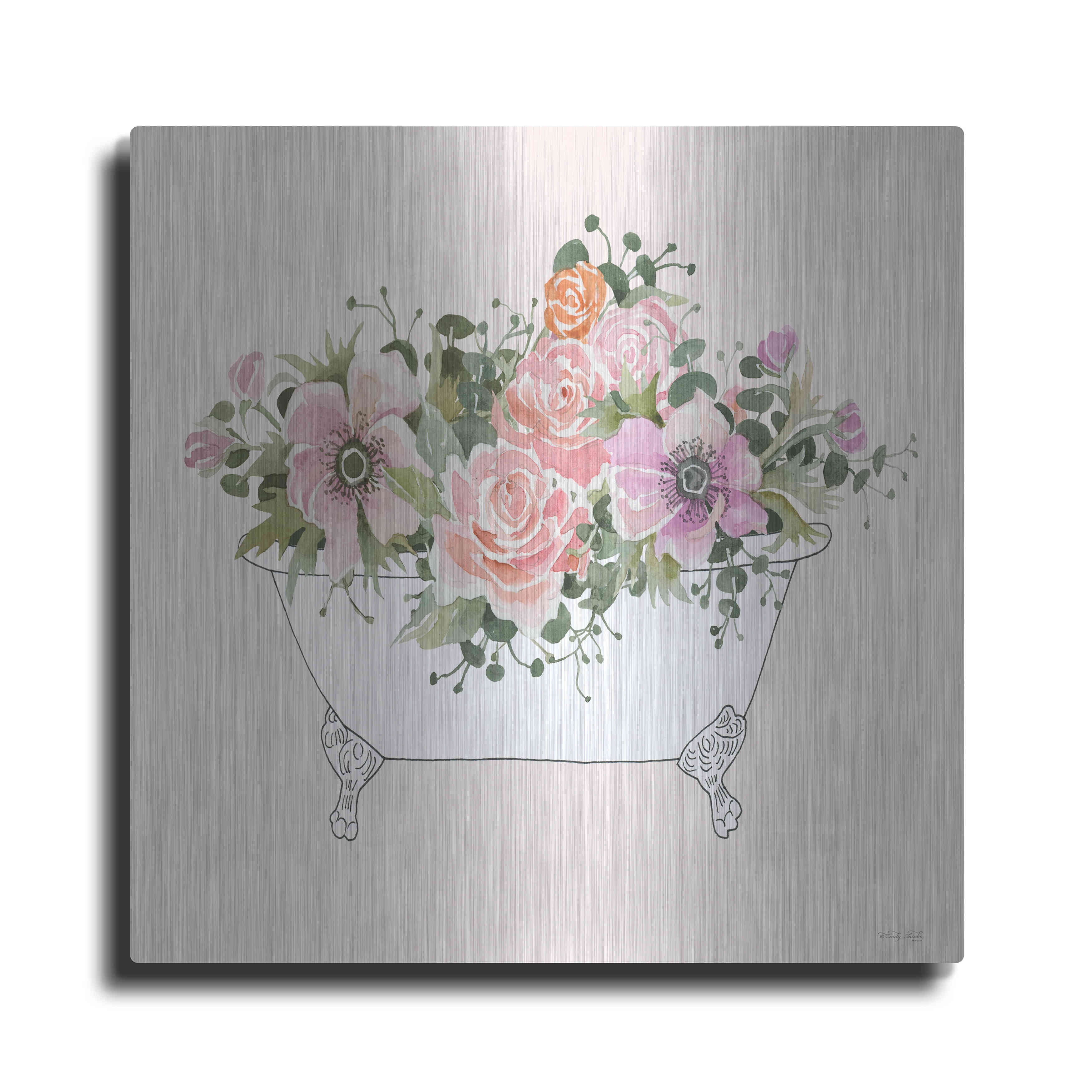 Luxe Metal Art 'Pink Floral Bath Tub I' by Cindy Jacobs, Metal Wall Art ...