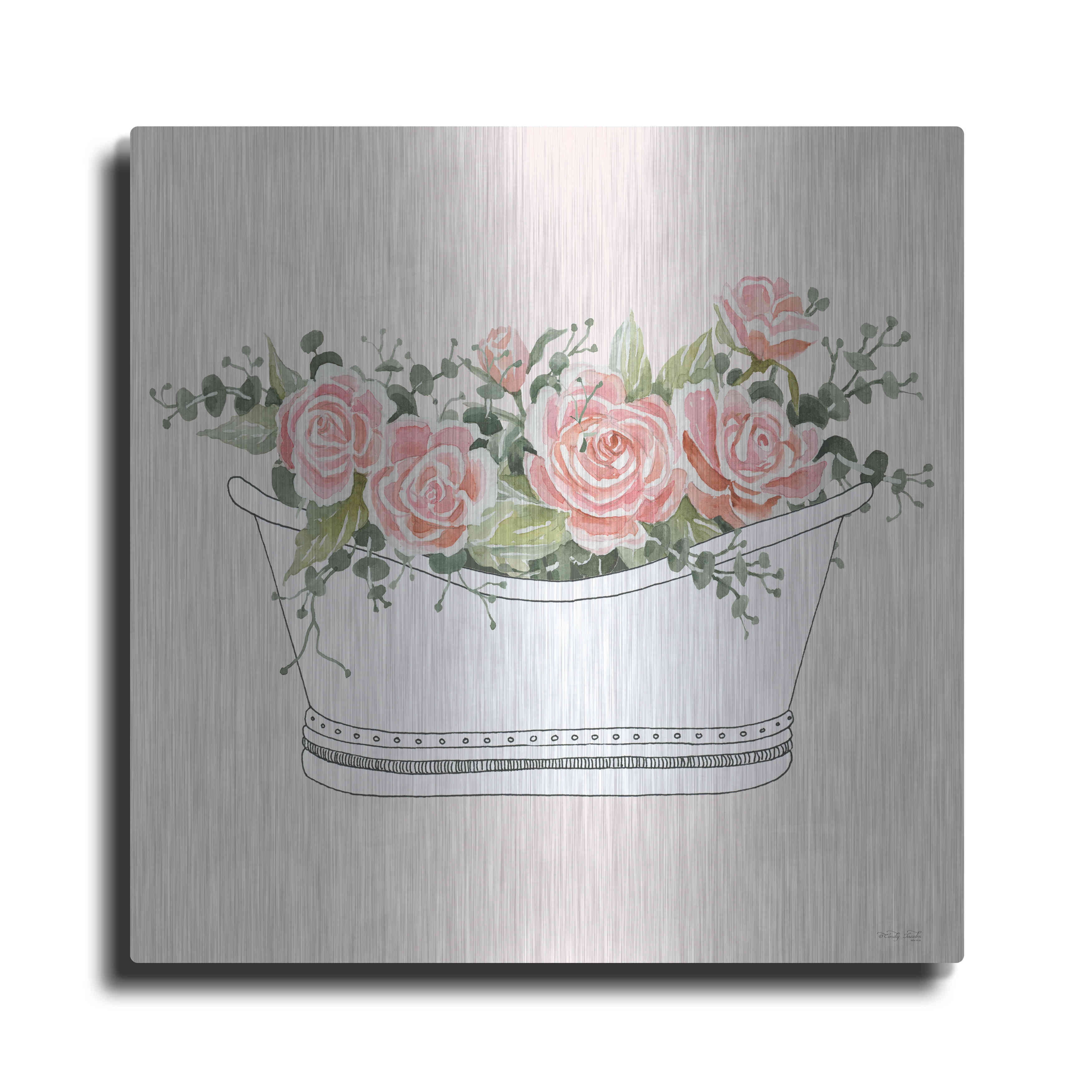 Luxe Metal Art 'Pink Floral Bath Tub II' by Cindy Jacobs, Metal Wall ...