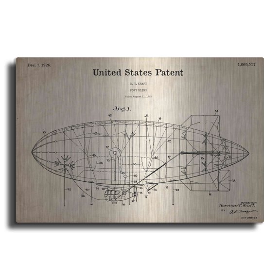 Luxe Metal Art 'Pony Blimp Blueprint Patent Parchment,' Metal Wall Art, 36"x24"