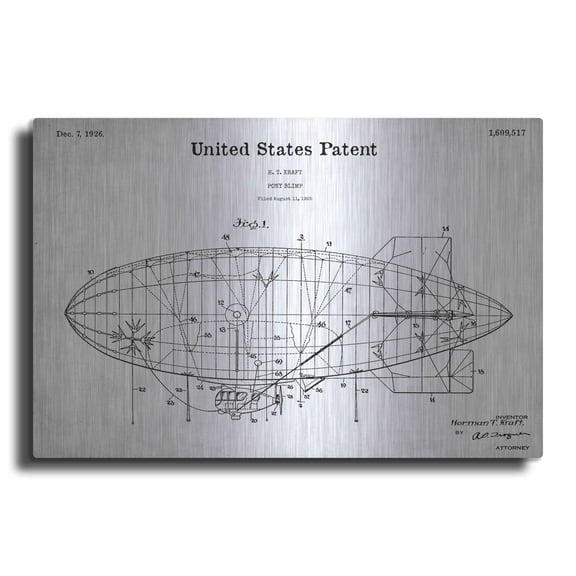Luxe Metal Art 'Pony Blimp Blueprint Patent White' Metal Wall Art, 36"x24"