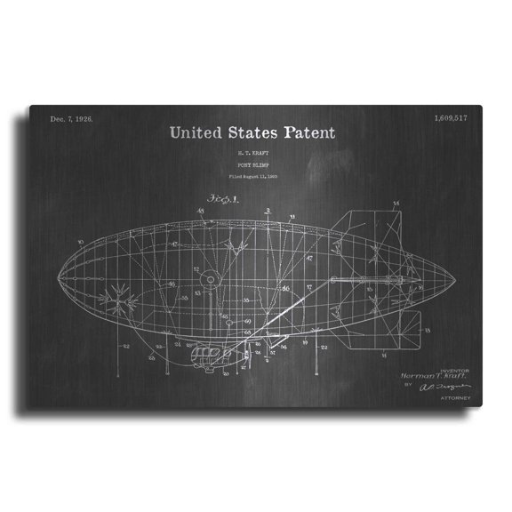 Luxe Metal Art 'Pony Blimp Vintage Patent Blueprint' by Epic Portfolio, Metal Wall Art, 36"x24"