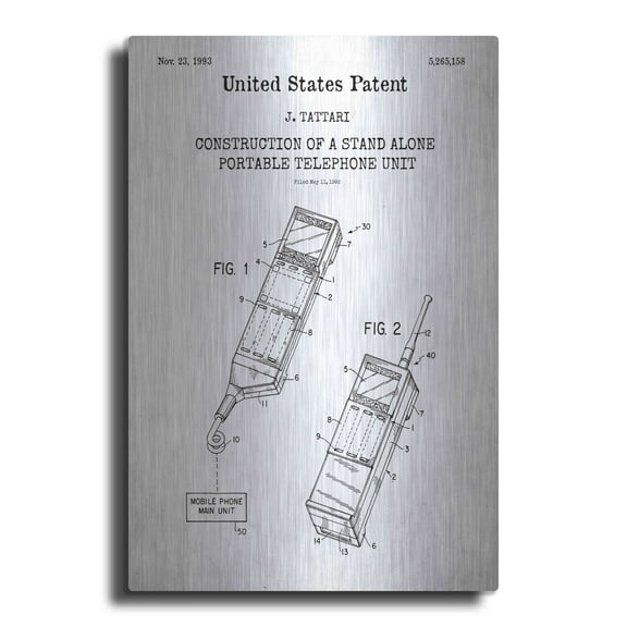 Luxe Metal Art 'Portable Phone Unit Blueprint Patent White' Acrylic Glass Wall Art, 24"x36"