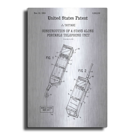 Luxe Metal Art 'Portable Phone Unit Blueprint Patent White' Metal Wall Art, 12"x16"