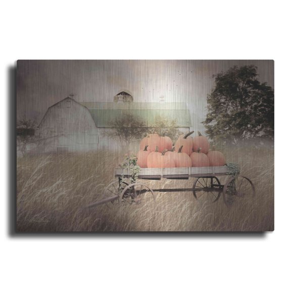 Luxe Metal Art 'Pumpkin Harvest Barn' by Lori Deiter, Metal Wall Art, 24"x16"