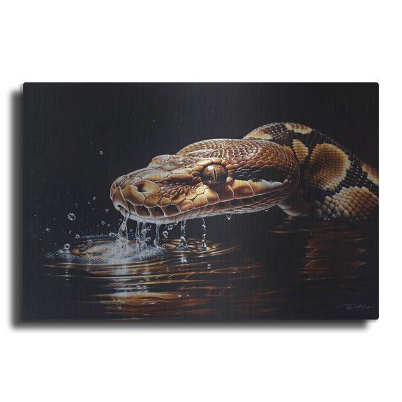Luxe Metal Art 'Python Reticulated In Water In Ambush 2' by Momart Metal Wall Art, 24" x 16"