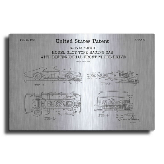 Luxe Metal Art 'Racing Car, Model Slot Type Blueprint Patent White' Acrylic Glass Wall Art, 16"x12"