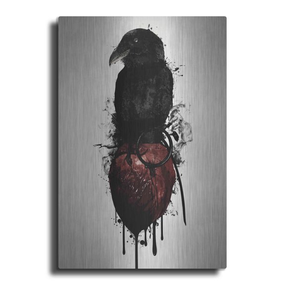 Luxe Metal Art 'Raven and Heart Grenade' by Nicklas Gustafsson, Metal Wall Art, 12"x16"